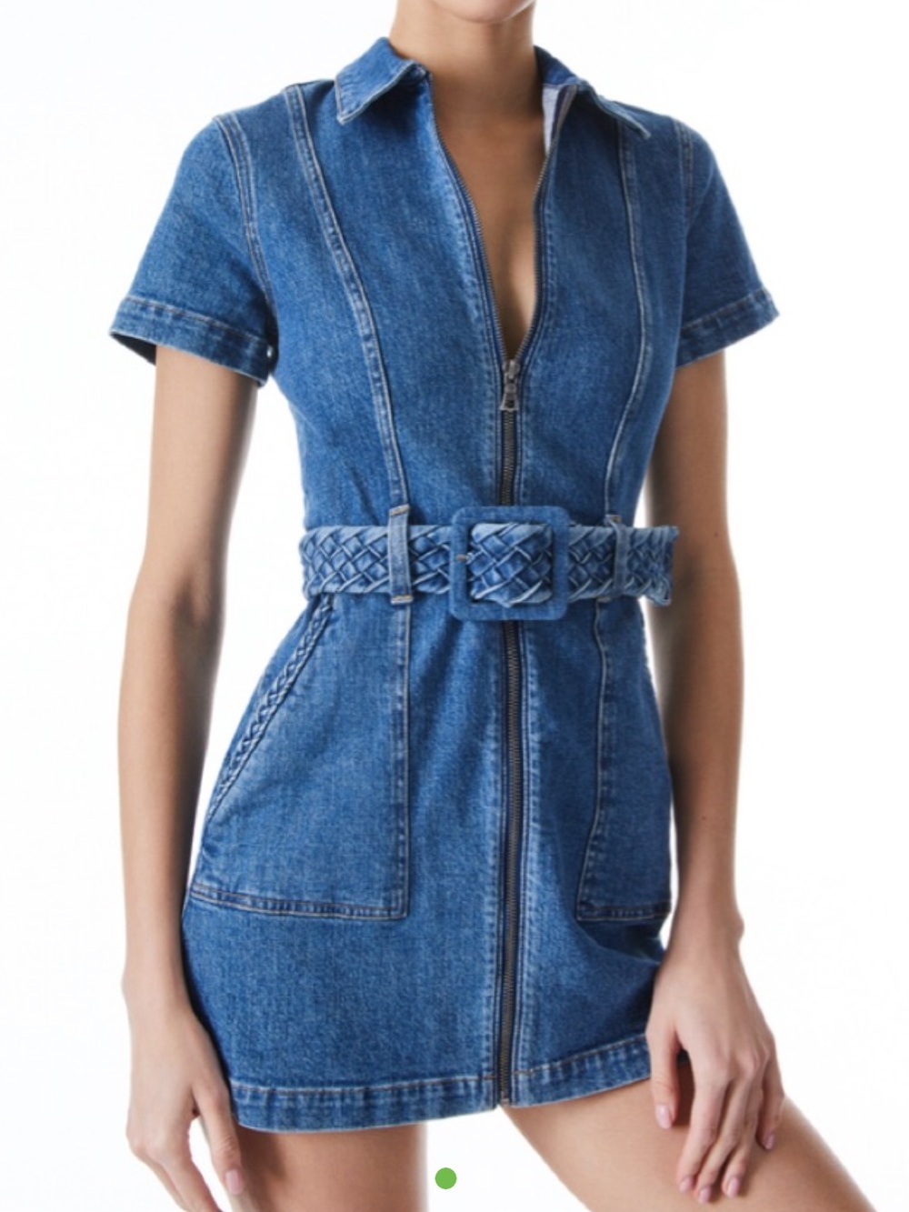 Alice + Olivia Blue Denim Zip-Front Mini Dress with Braided Belt